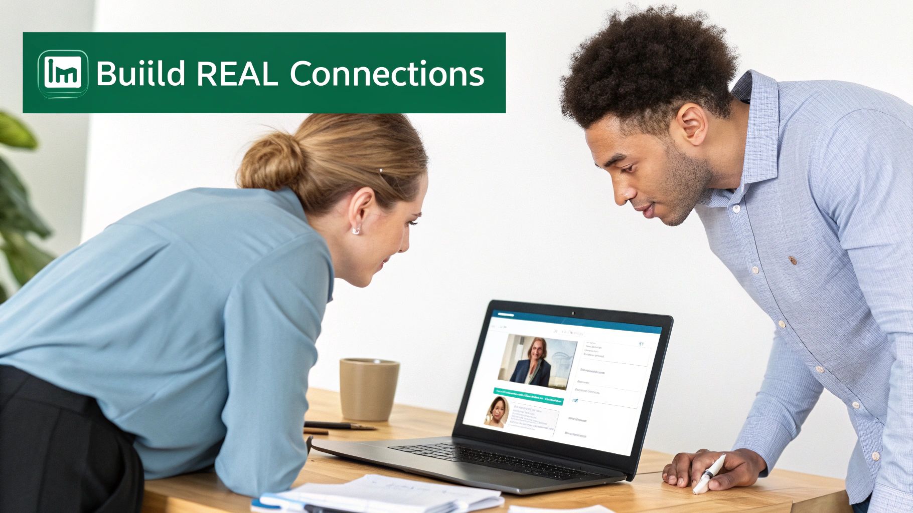 Magnifying glass over a LinkedIn profile, symbolizing a manual search for contact information.