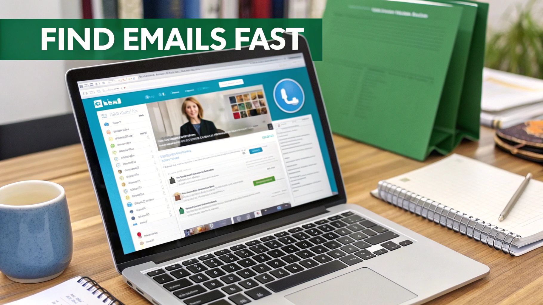Laptop on a wooden desk with a professional profile screen, promoting finding emails fast.