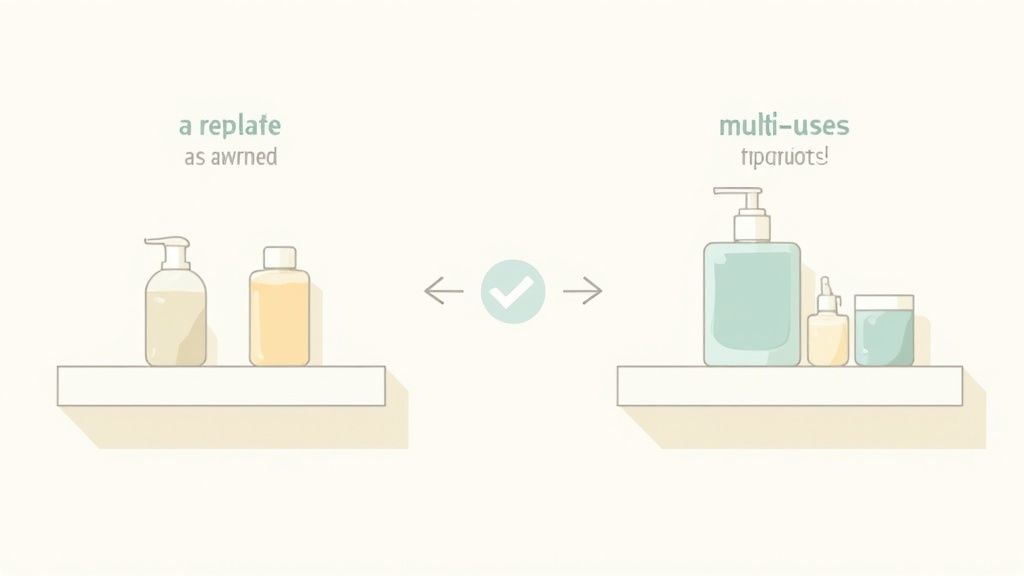 Illustration comparing two shelves of personal care products, highlighting the benefits of multi-use items.