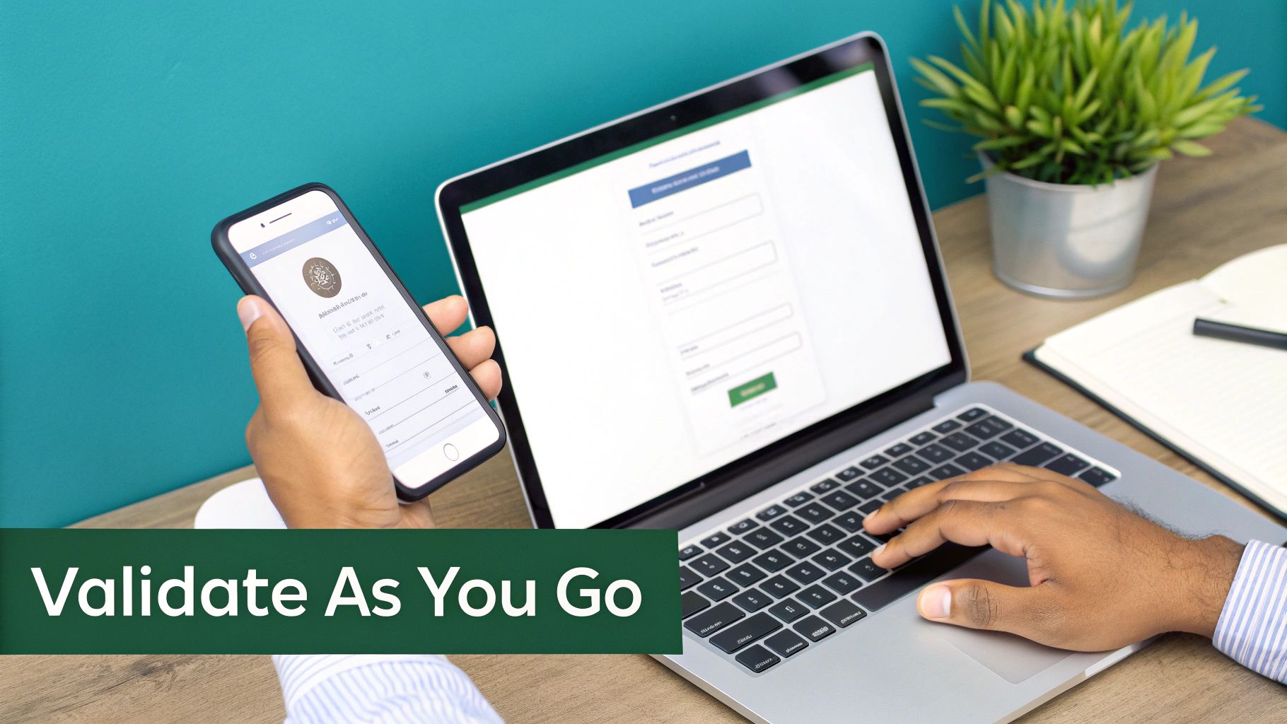 Person validating data on a smartphone and laptop simultaneously, highlighting real-time validation.