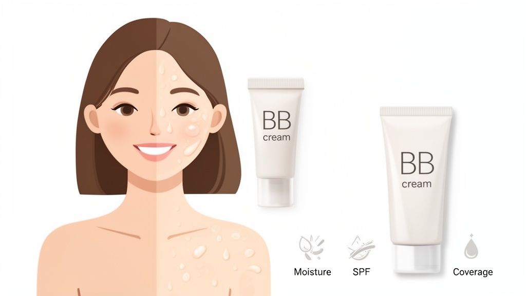A graphic demonstrating BB cream benefits on a woman's skin, highlighting moisture, SPF, and coverage properties.
