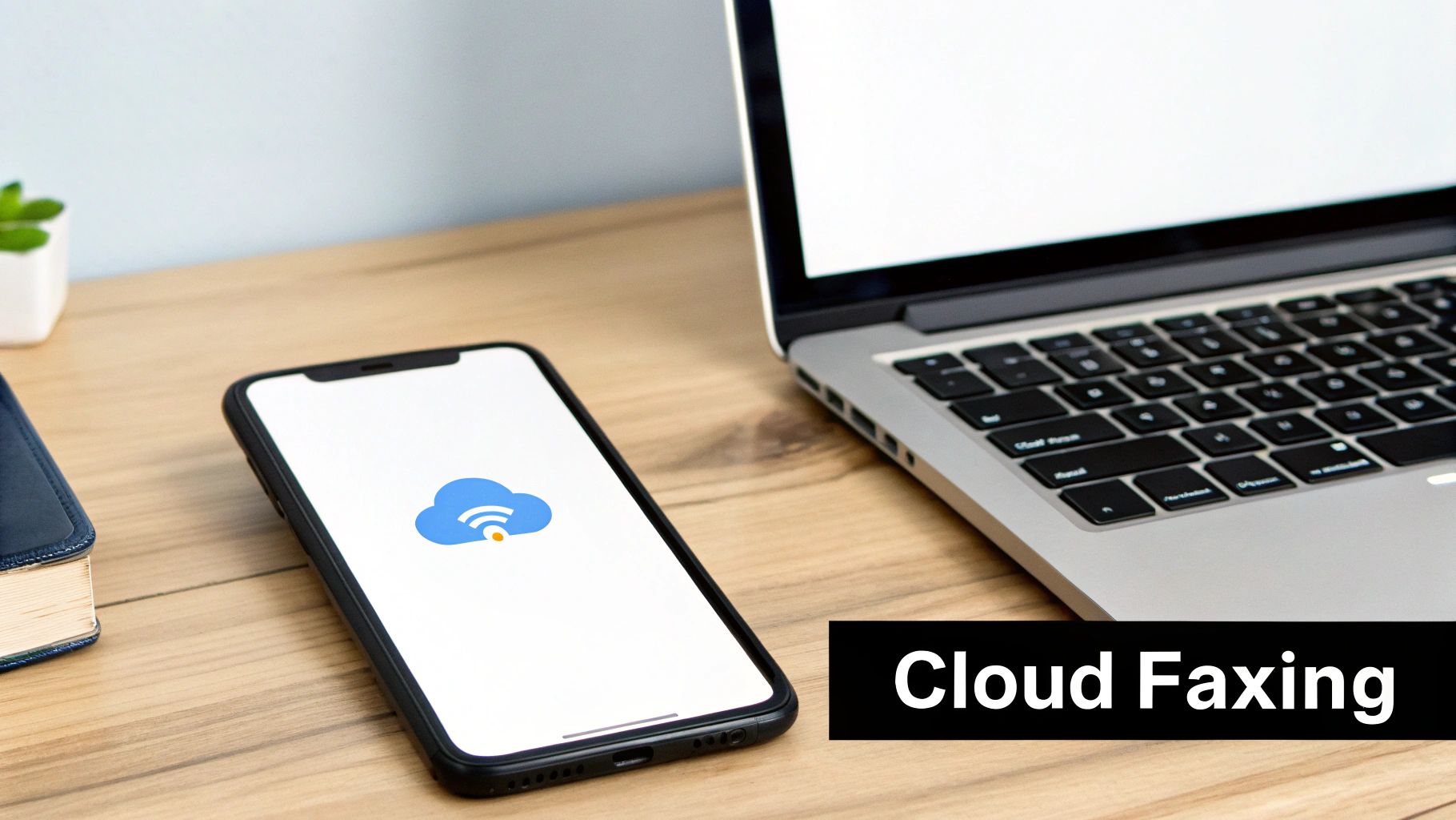 A smartphone displaying a cloud and WiFi icon, a laptop, and a book on a wooden desk. Text says 'Cloud Faxing'.