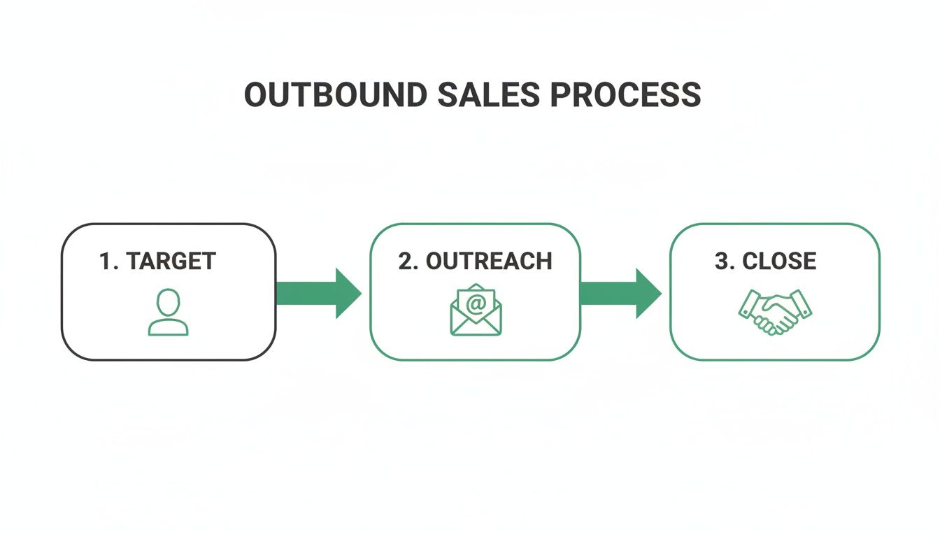 Diagram illustrating the three key steps of an outbound sales process: target, outreach, and close.
