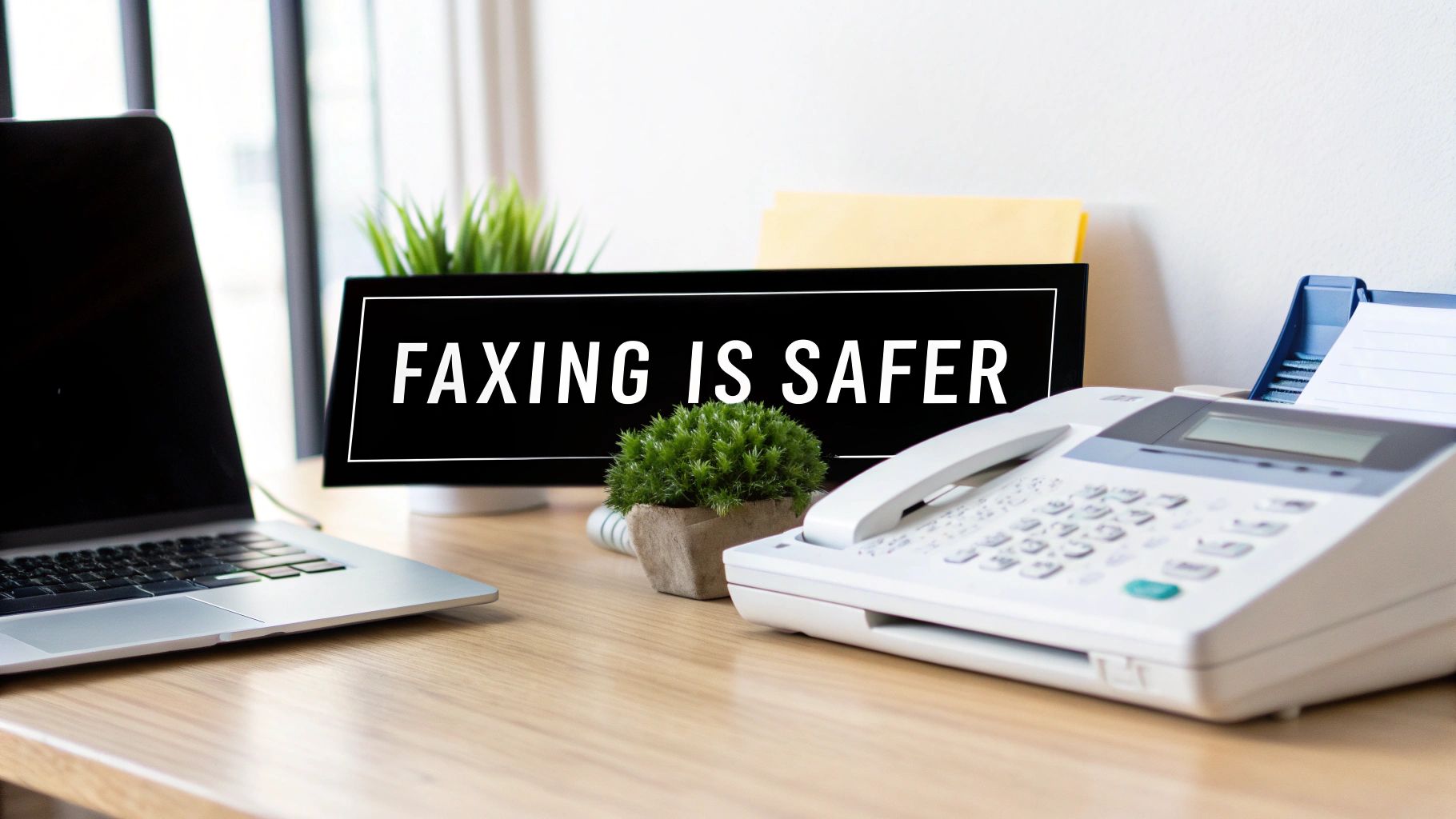 A home office desk setup with a laptop, a plant, a sign saying 'FAXING IS SAFER', and a fax machine.