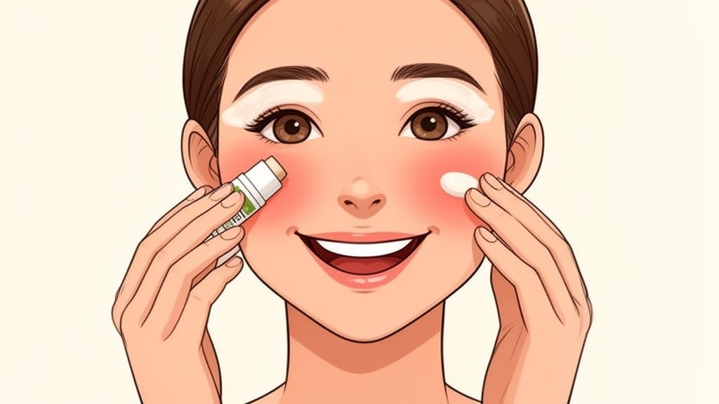 A smiling woman cartoon applying makeup stick and cream to her cheeks, highlighting under eyes.