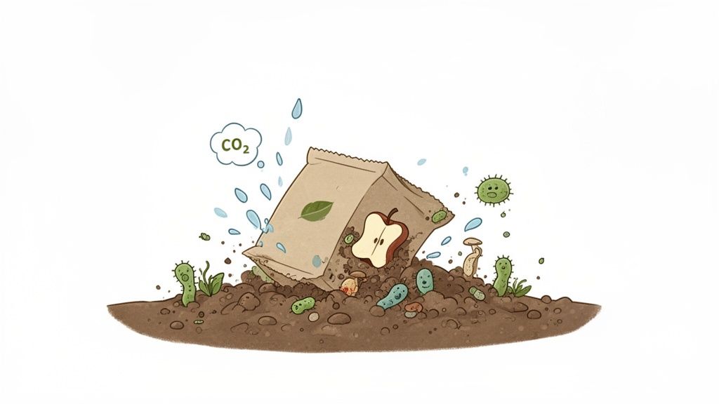 Biodegradable paper bag and apple decomposing in soil with microorganisms, water, and CO2 release.