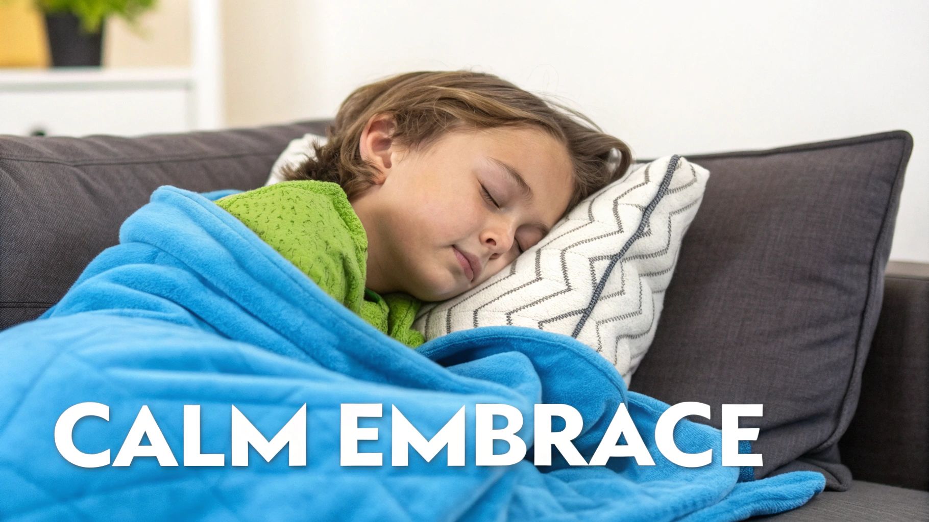 A young child peacefully sleeping under a weighted blanket in a cozy bedroom.