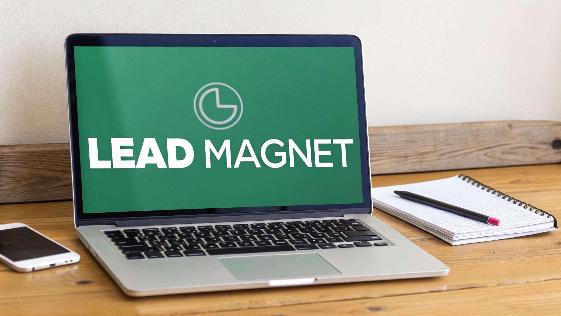 A laptop screen displays 'LEAD MAGNET' text and an icon, next to a phone and notebook.