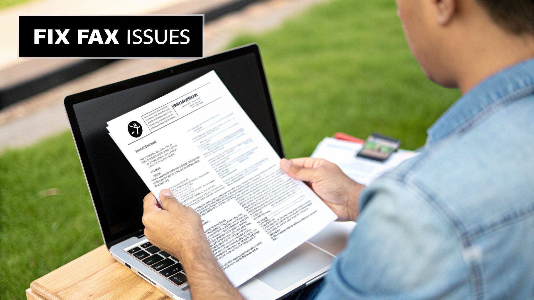 Person reviewing printed document while working on laptop computer outdoors with fix fax issues text