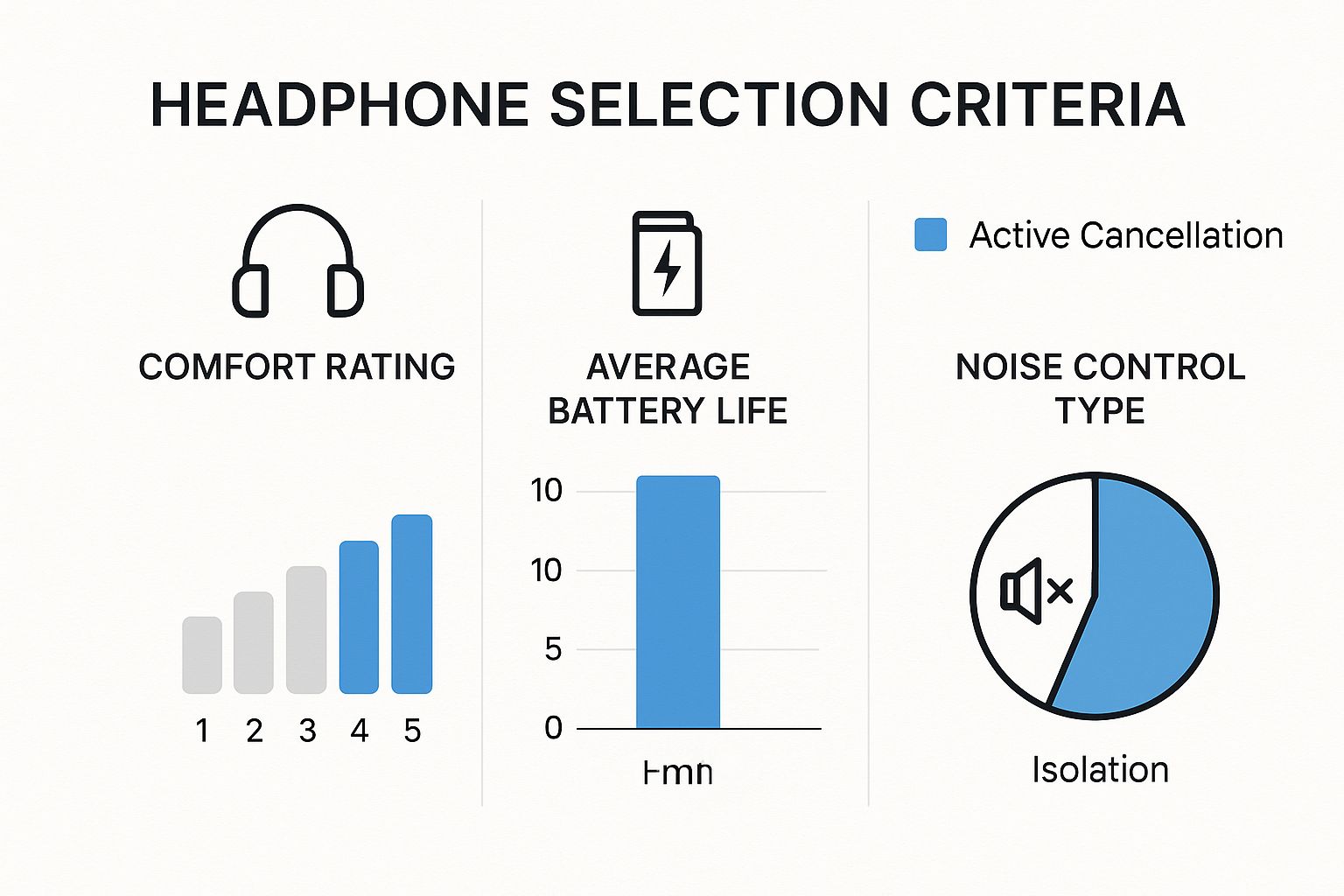 Infographic comparing sleep headphones on comfort, battery, and noise control.
