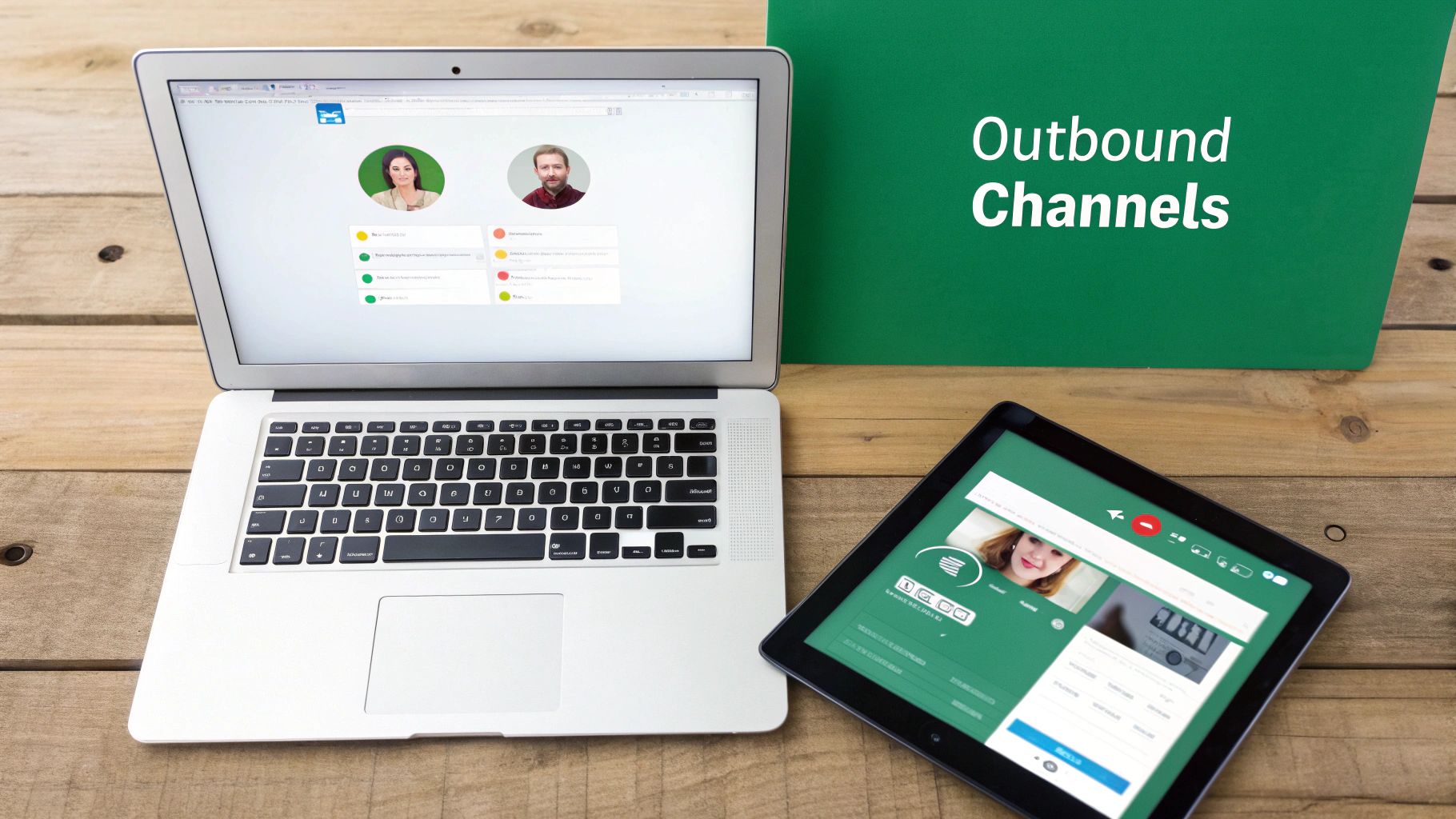 A laptop and tablet display profiles on a wooden desk, next to an 'Outbound Channels' sign.
