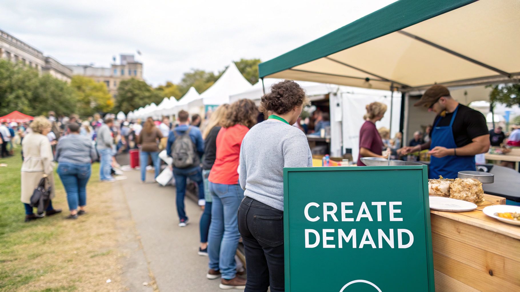 People queue in a long line at an outdoor food stall with a "CREATE DEMAND" sign.