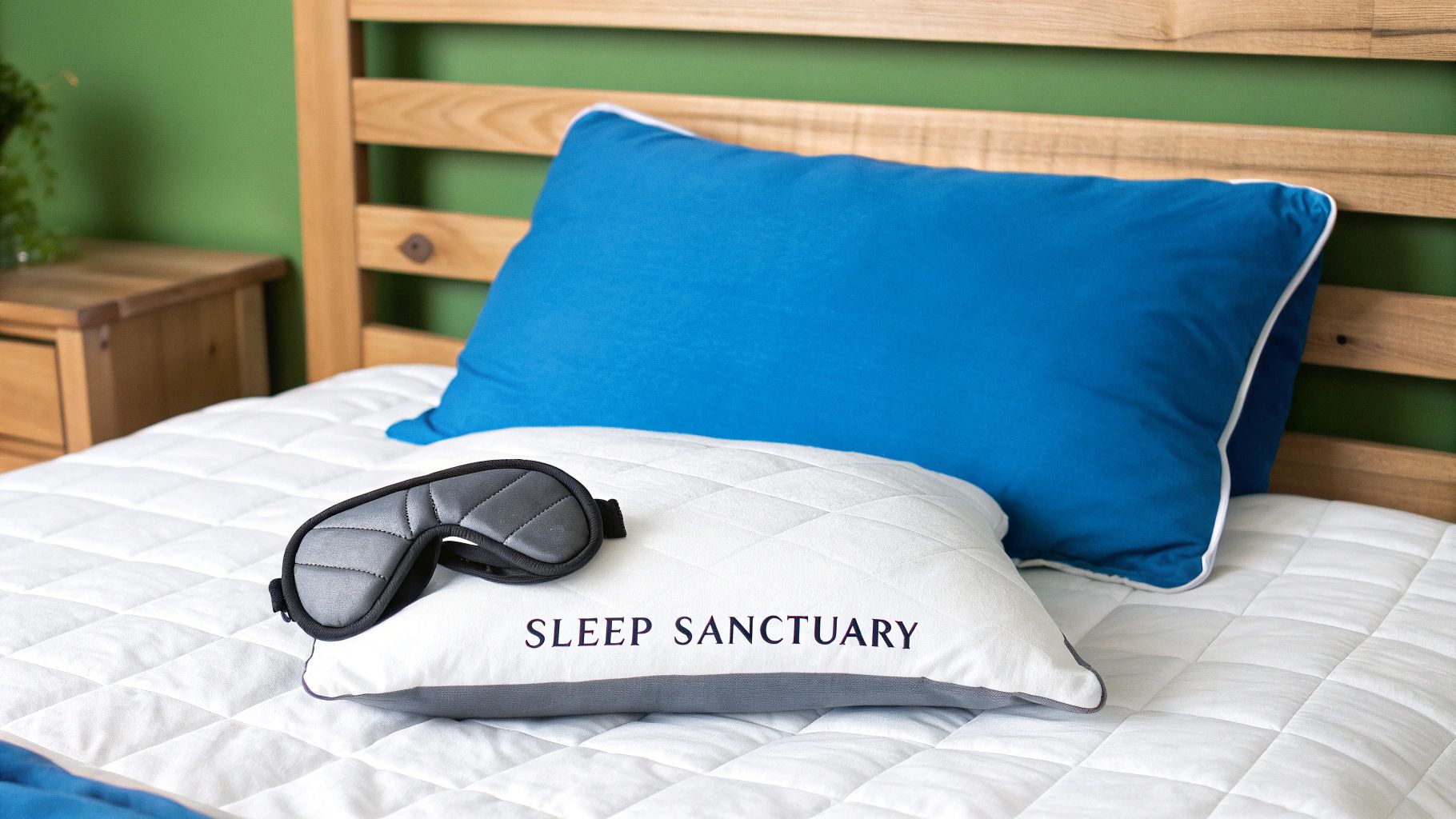 A comfortable bed setup with a blue pillow, a white 'Sleep Sanctuary' pillow, and a grey eye mask.