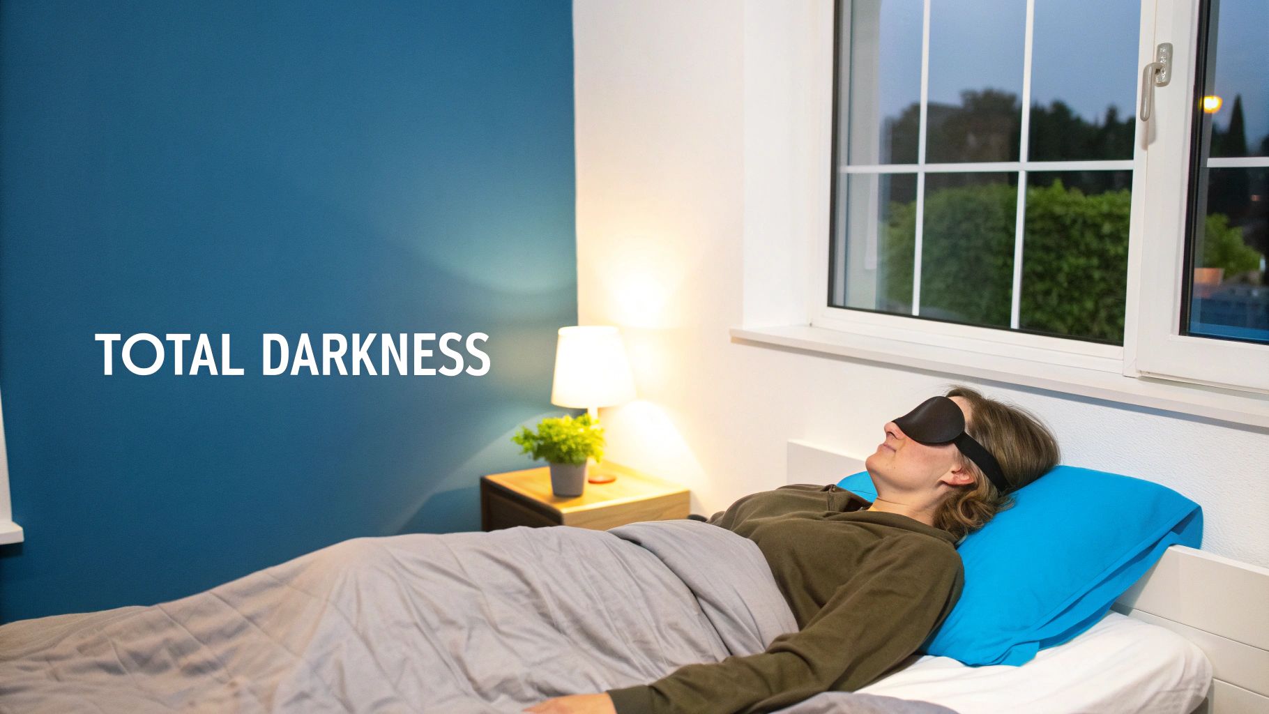 A woman sleeps with a black eye mask in a well-lit bedroom, defying the 'TOTAL DARKNESS' text.