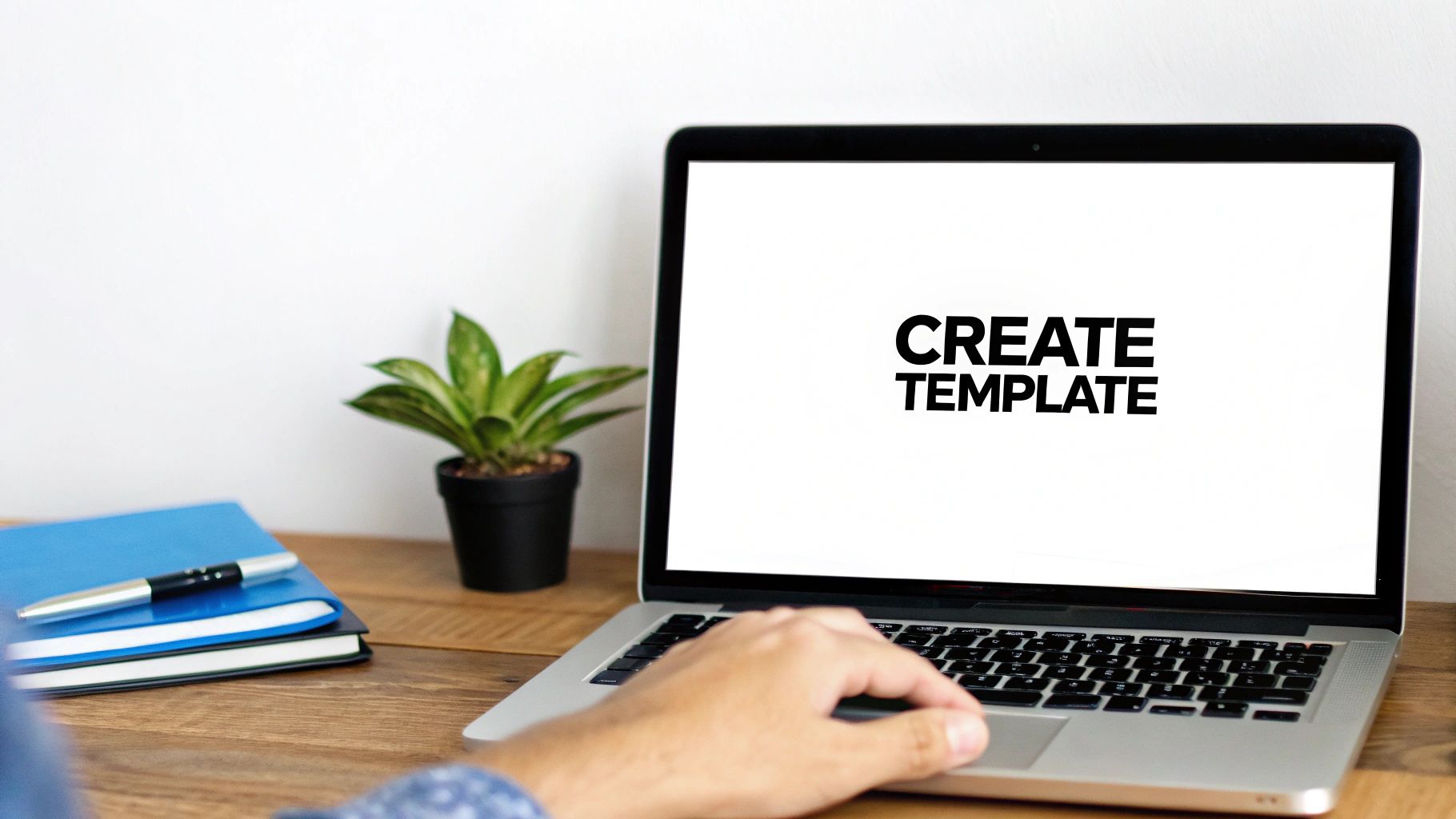 A person's hand on a laptop keyboard displaying 'CREATE TEMPLATE' on screen, with notebooks and a plant.