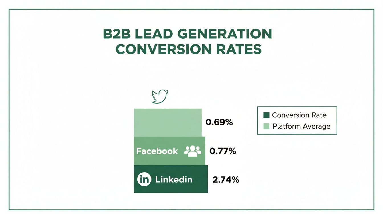 Bar chart illustrating B2B lead generation conversion rates across Twitter, Facebook, and LinkedIn.