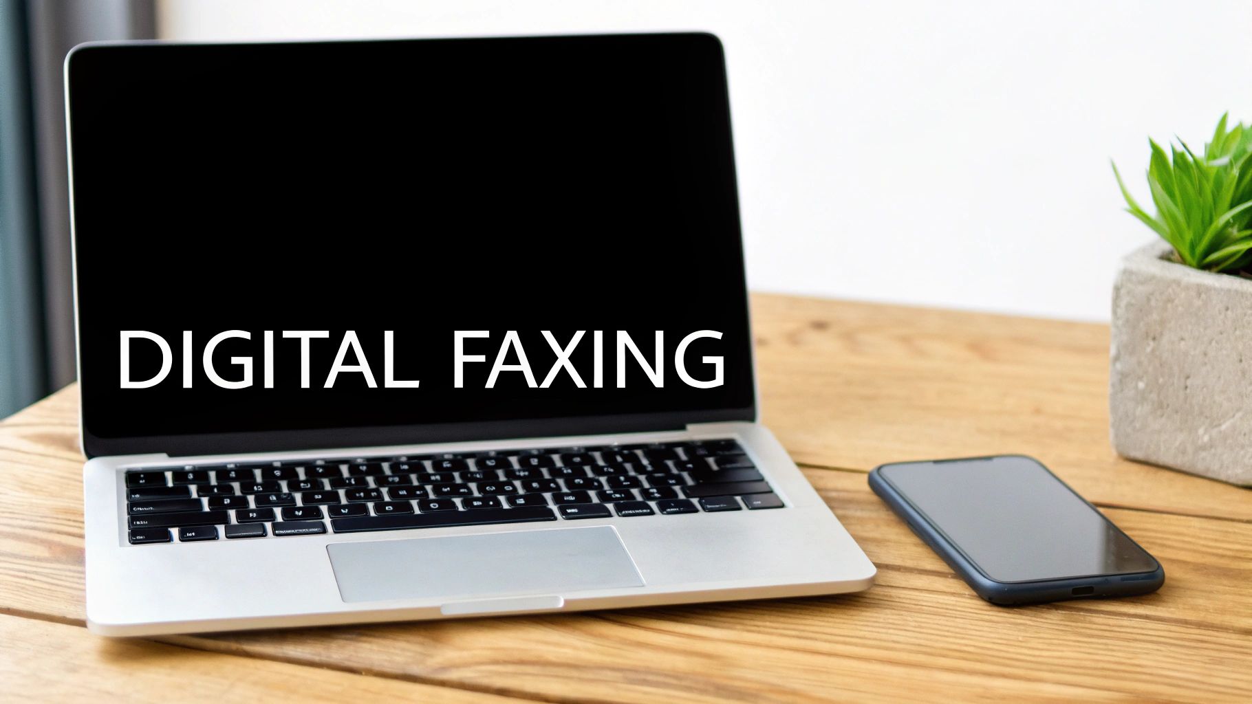 A laptop displaying 'DIGITAL FAXING' on its screen, with a smartphone and plant on a wooden desk.