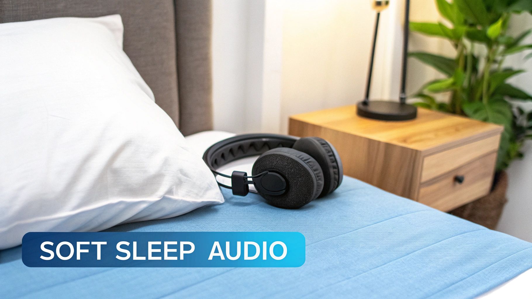 Black over-ear headphones resting on a light blue bed next to a white pillow, suggesting soft sleep audio.