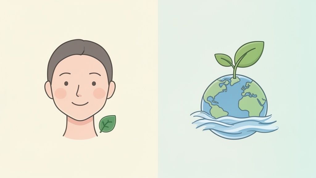 An illustration of a clean face with a leaf and a globe with a sprouting plant, representing sustainable beauty.