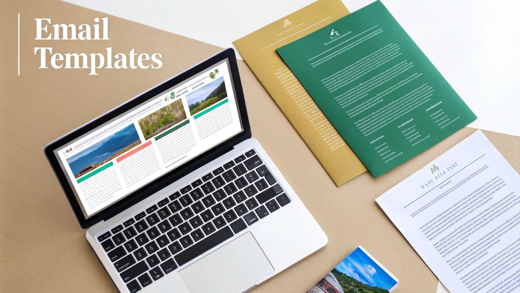 A laptop displaying email templates, alongside brochures and documents, on a neutral-colored desk, titled 'Email Templates'.