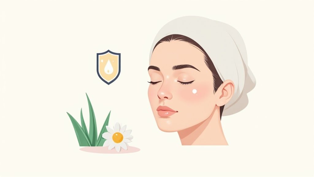 Woman with clear, calm skin applying concealer under her eye with her finger.