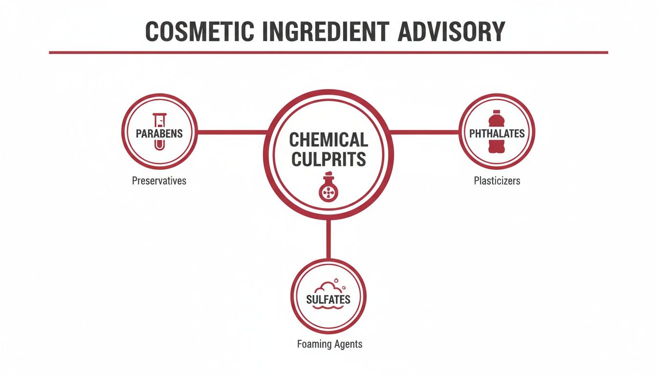 Cosmetic ingredient advisory diagram showing chemical culprits: parabens, phthalates, and sulfates with their functions.