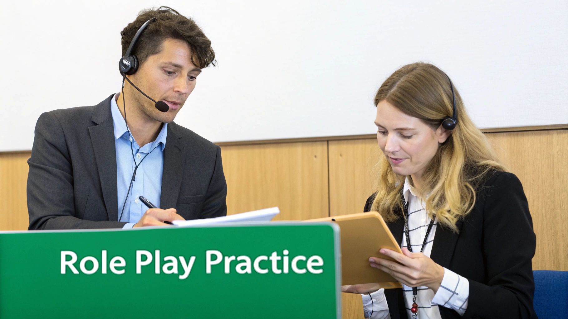 Two professionals with headsets engaged in a role-play practice session for sales training.