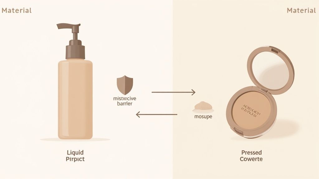 Diagram illustrating a liquid pump bottle and a pressed powder compact, showing material conversion with a protective barrier.