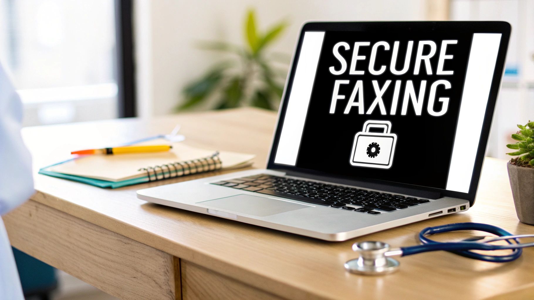 A laptop displays 'SECURE FAXING' with a padlock icon on a wooden desk, alongside a stethoscope, notebook, and plant.