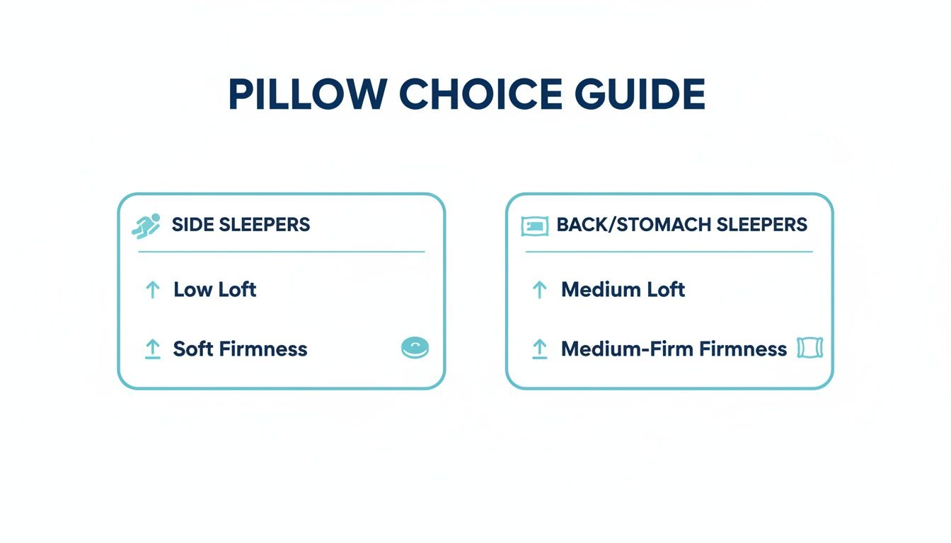 A pillow choice guide offering recommendations for side sleepers and back or stomach sleepers based on loft and firmness.