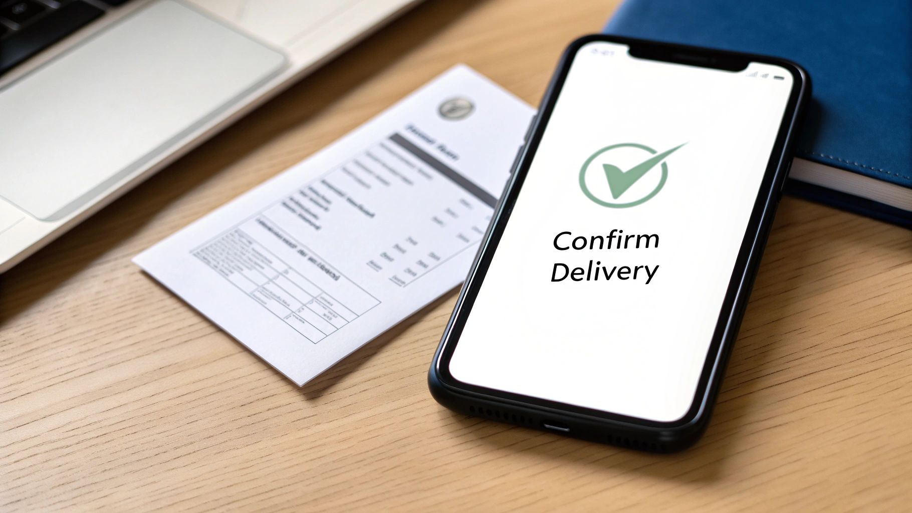 A close-up shot of a computer screen showing a fax delivery confirmation report, with a checkmark indicating success.