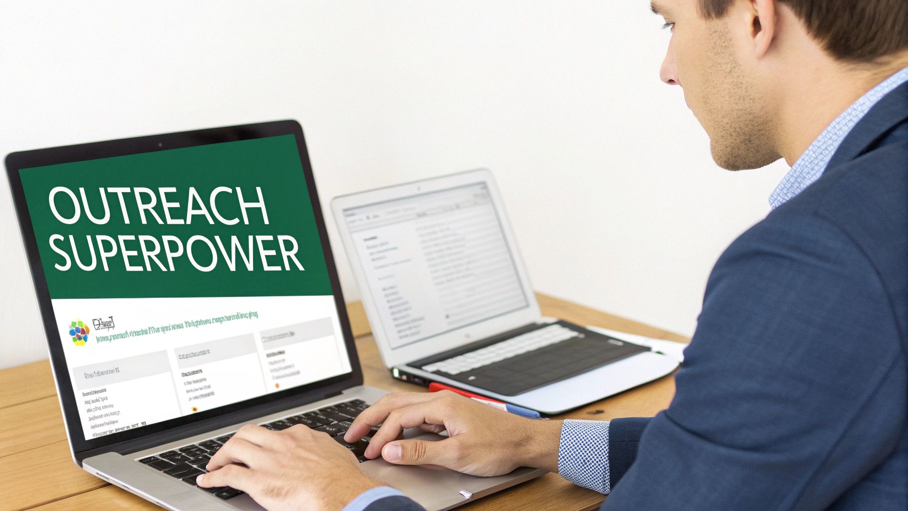 A man types on a laptop displaying 'OUTREACH SUPERPOWER' on its screen, indicating online marketing.