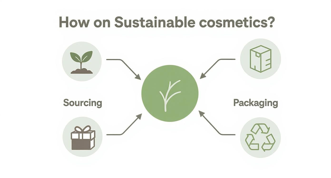 Diagram illustrating key aspects of sustainable cosmetics, including sourcing, packaging, and recycling.
