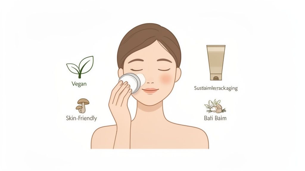 Illustration of a person applying a skincare product, highlighting vegan, skin-friendly, sustainable packaging, and Bali Balm.