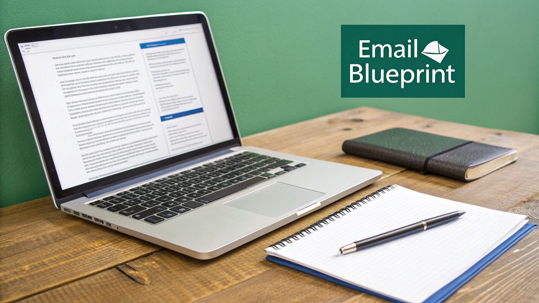 A laptop displaying text, a notebook, pen, and journal on a wooden desk with an 'Email Blueprint' banner.