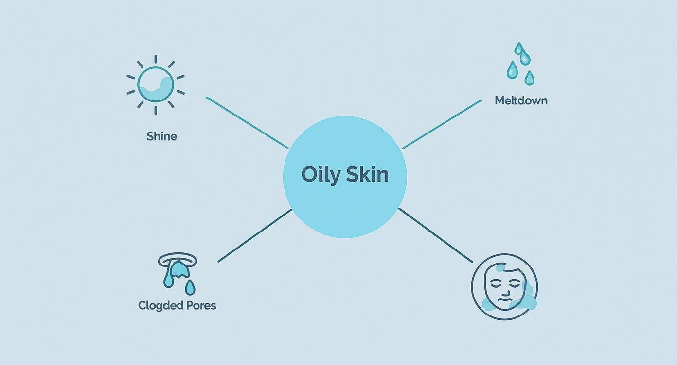 Diagram showing four common characteristics of oily skin including shine, meltdown, clogged pores, and facial care