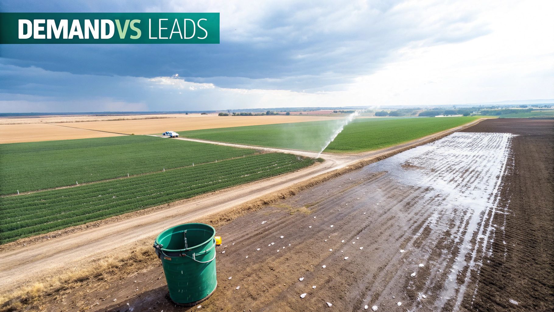 Aerial view of green and dry farm fields, with one being irrigated, representing marketing demand.