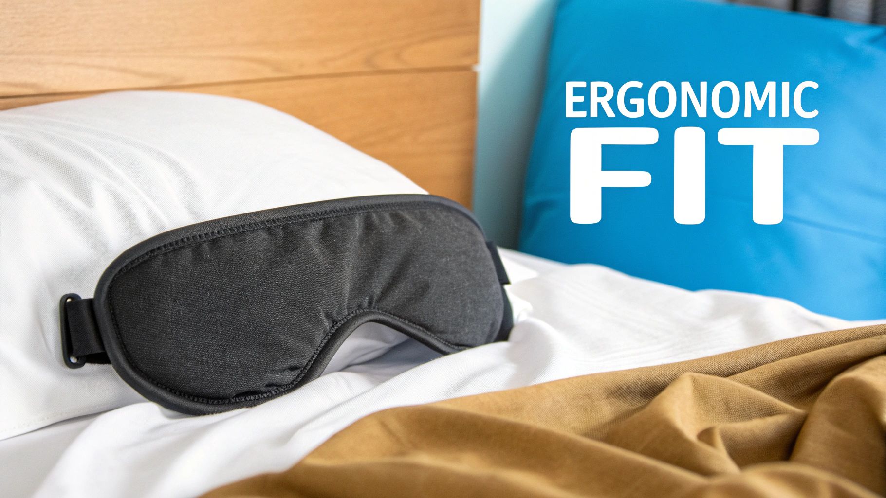 Woman wearing a sleep mask with headphones peacefully resting in bed.