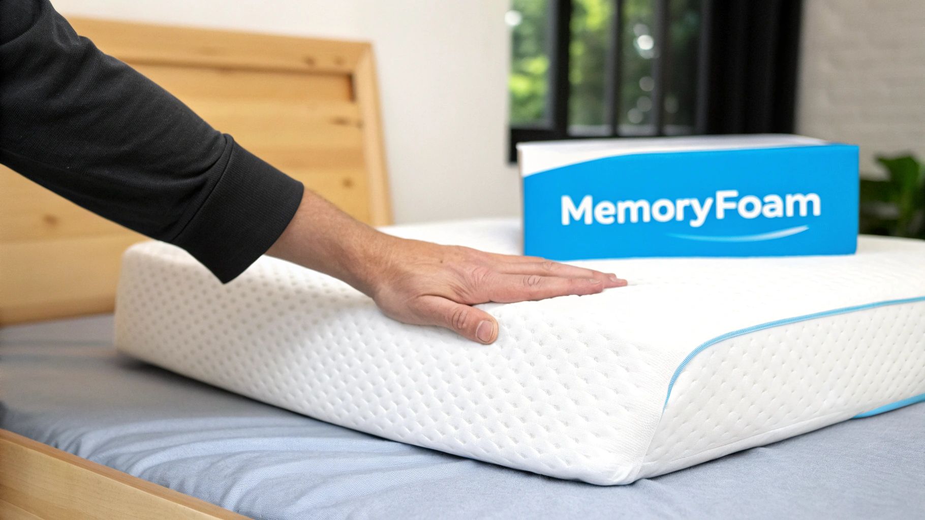A person's hand pressing down on a white memory foam pillow on a bed, with a 'MemoryFoam' box.