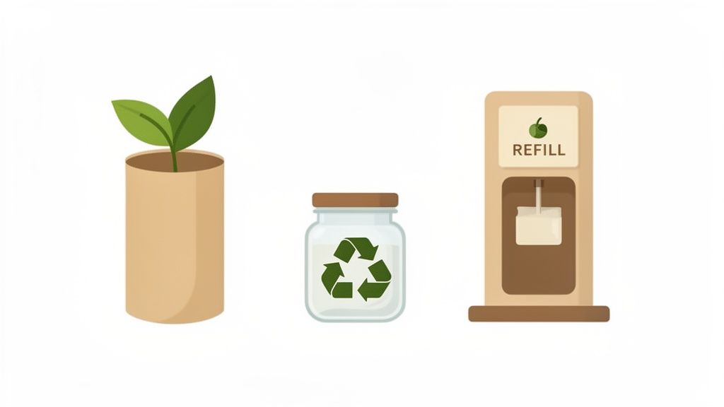 Illustration showing a plant in a pot, a recycling jar, and a refill station for sustainable living.