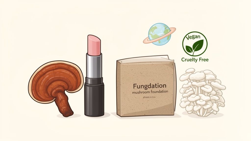 An illustration of mushroom-based cosmetics including foundation, lipstick, and ingredients, highlighting vegan and cruelty-free claims.