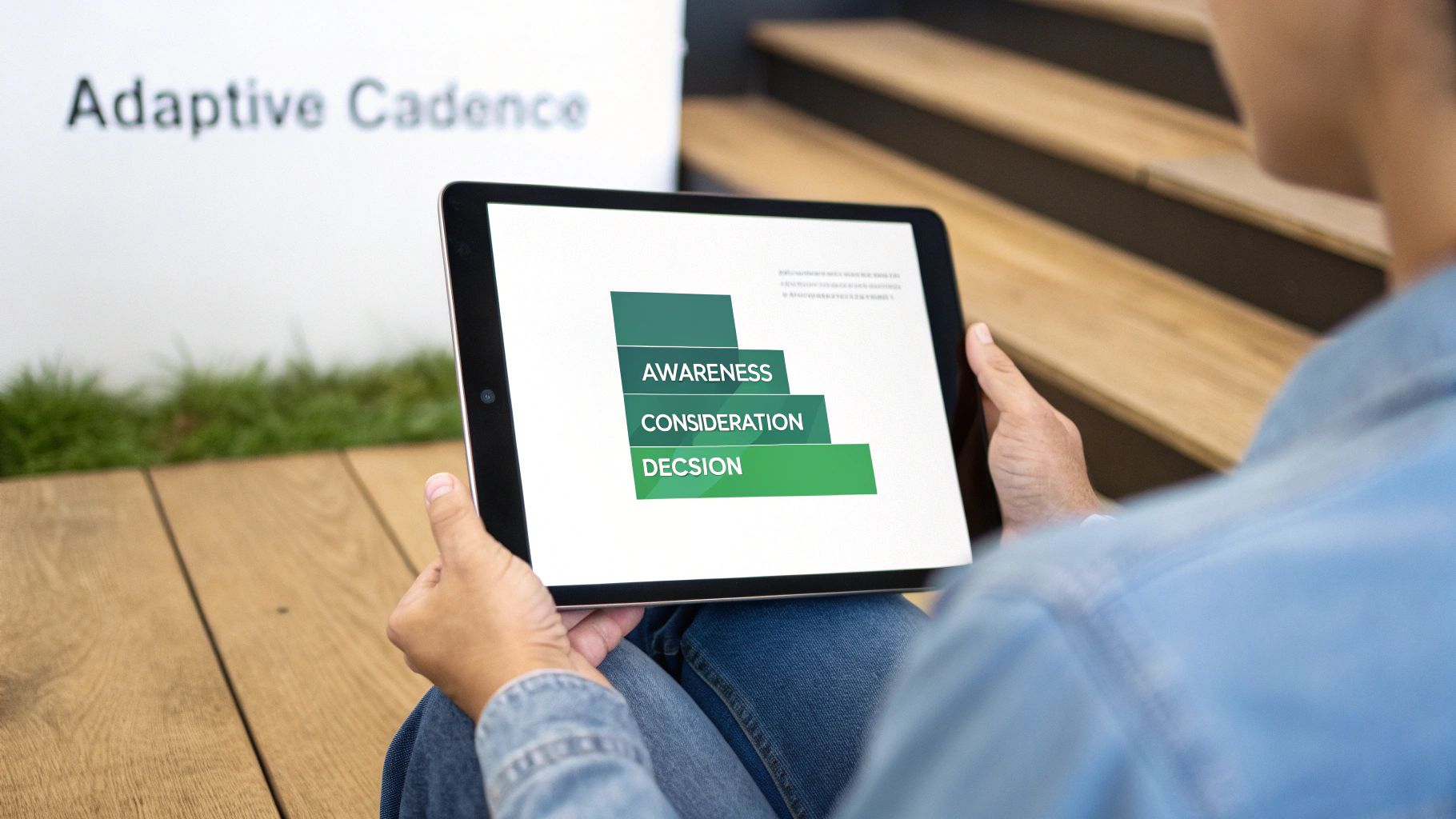 A person holds a tablet displaying an 'Adaptive Cadence' sales funnel with awareness, consideration, and decision stages.