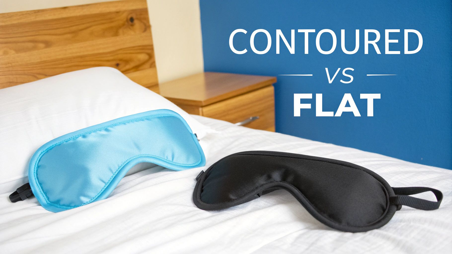 Two sleep masks, one blue contoured and one black flat, on a bed, comparing styles.