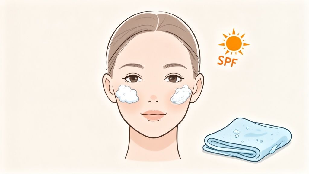 An illustration of a woman with foam on her face, a towel, and an SPF symbol for skincare.
