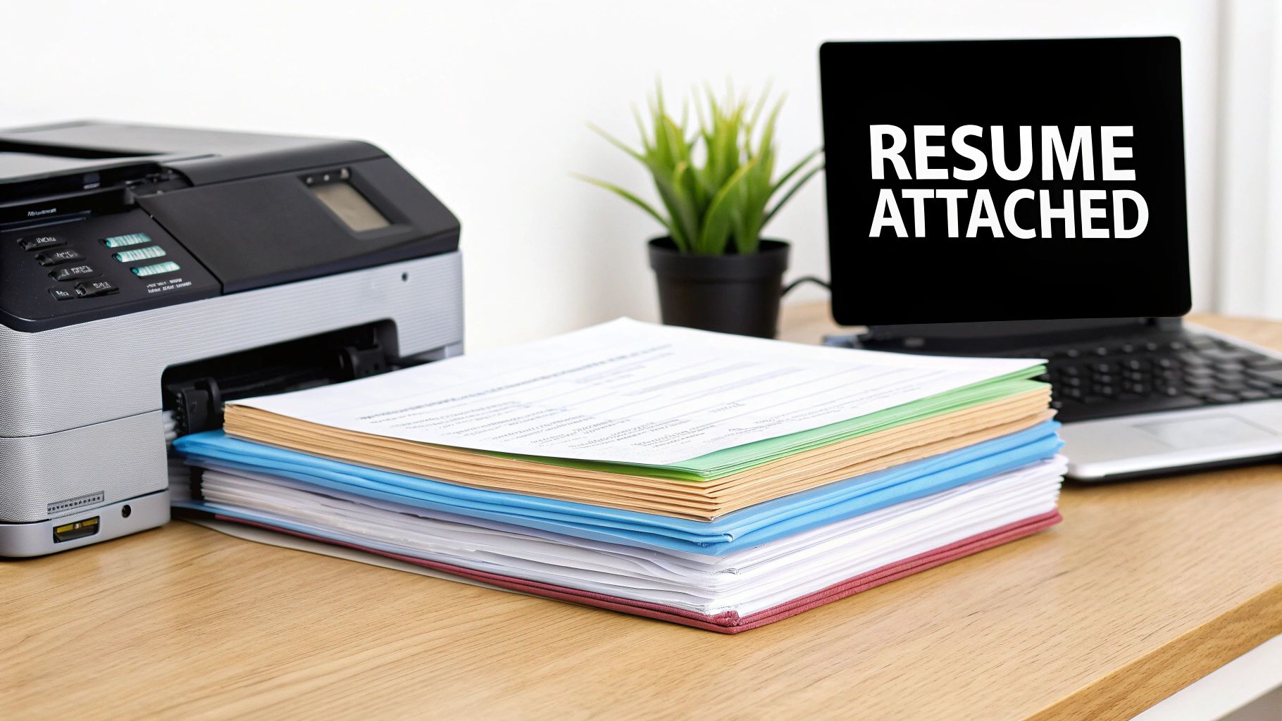 A printer, a stack of colored folders, and a laptop displaying 'RESUME ATTACHED' on a desk.