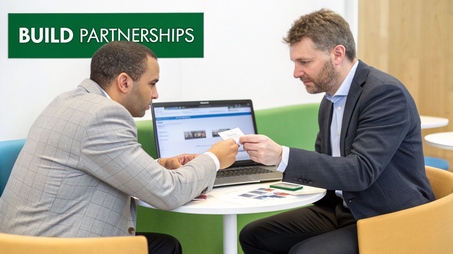 Two businessmen exchanging business cards at a table with a laptop and 'BUILD PARTNERSHIPS' sign.