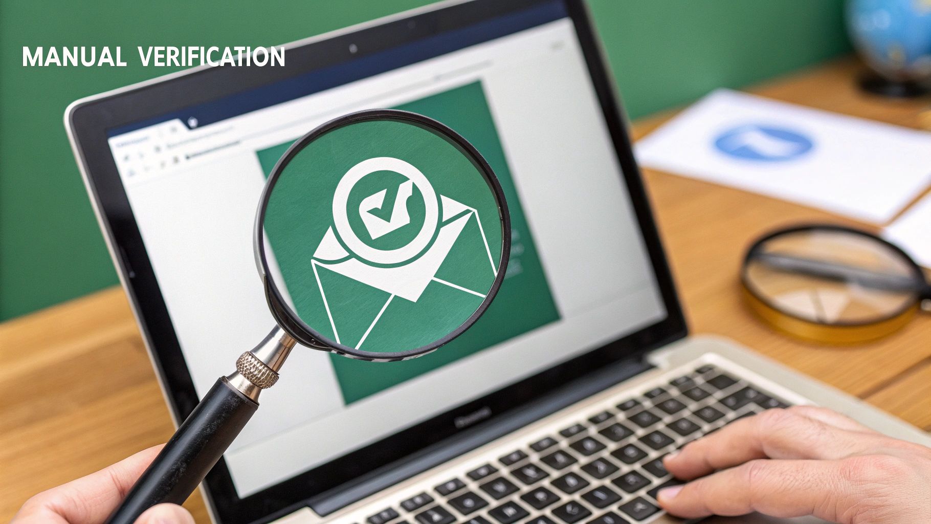A person at a desk manually inspecting a list of emails on a computer screen.