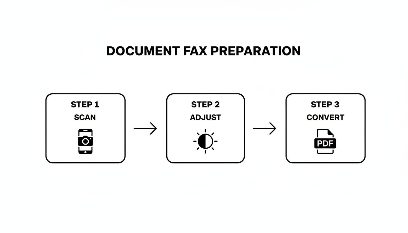 A three-step process for document fax preparation: Scan with a phone, adjust settings, then convert to PDF.