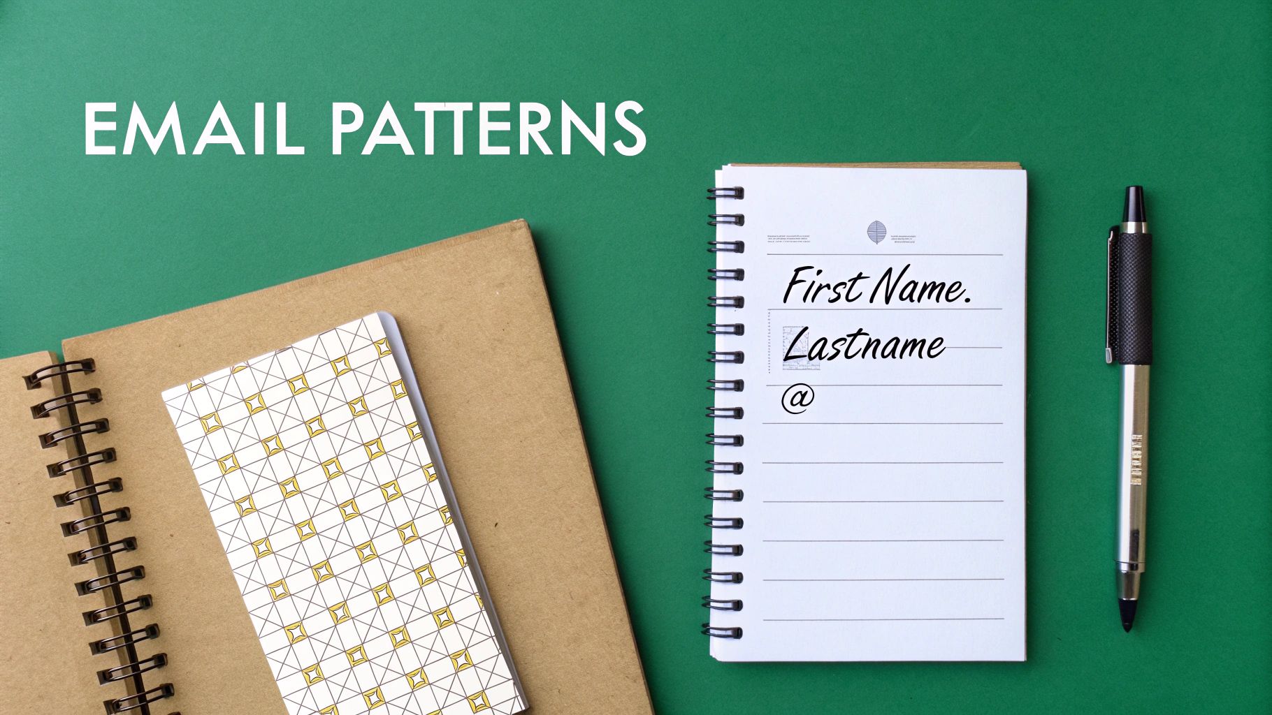 A flat lay shows "EMAIL PATTERNS" text, a notebook with "First Name. Lastname @" handwritten, and a pen on a green background.