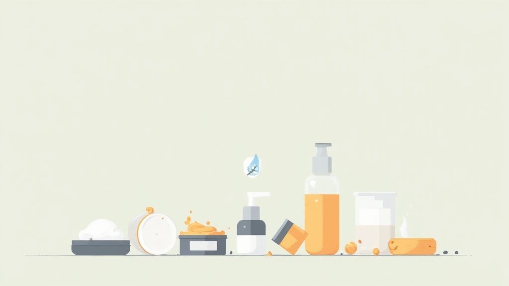 Variety of natural cosmetic products and preservatives arranged on neutral background with botanical elements